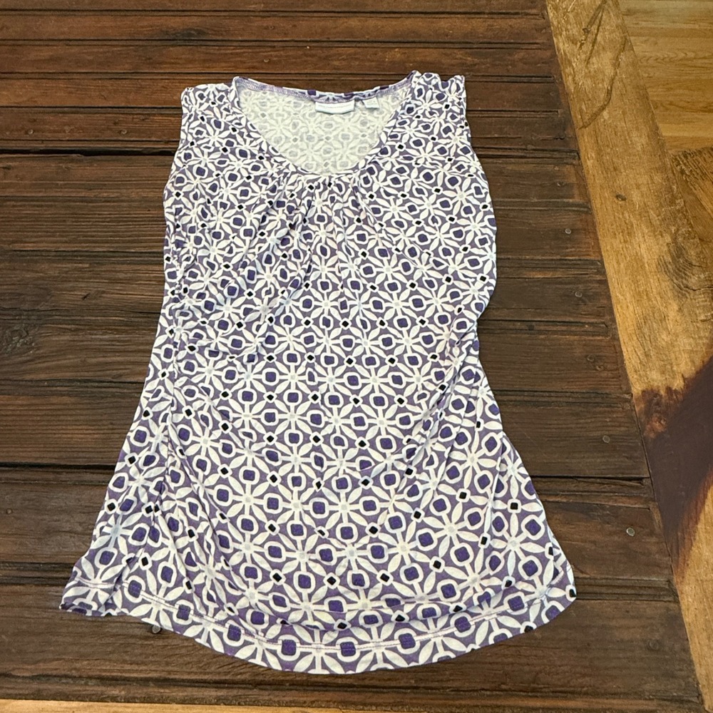 New York & Company Purple Geometric Print Sleeveless Pleated Neck Top XS